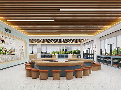 Spacious School Canteen With Bright Interior Round Dining Table And Stools 3d model