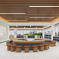 Spacious School Canteen With Bright Interior Round Dining Table And Stools