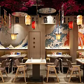 Japanese Restaurant Interior With Cherry Blossom Decor Lanterns Wave Murals And Wooden Tables Chairs