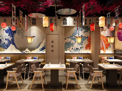 Japanese Restaurant Interior With Cherry Blossom Decor Lanterns Wave Murals And Wooden Tables Chairs 3d model