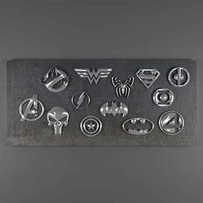 Superhero Brand Logos Collection Featuring Superman Batman Spider Man Avengers Symbols on Metal Plate 3d model