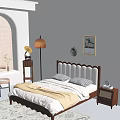 Double Bed Wooden Headboard White Upholstery Brown Bedding Floor Lamp Wall Art