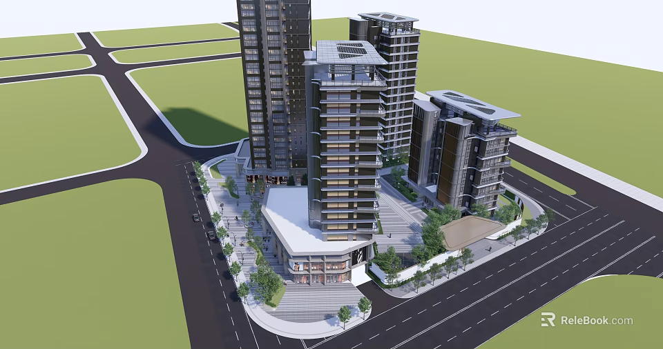 Modern High Rise Buildings With Glass Facades Urban Plaza And Greenery 3d model 