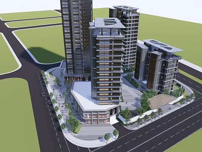 Modern High Rise Buildings With Glass Facades Urban Plaza And Greenery 3d model