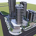 Modern High Rise Buildings With Glass Facades Urban Plaza And Greenery