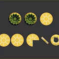 Fresh Whole Pineapples and Sliced Pieces with Green Tops on Dark Surface