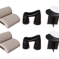 Light Beige Modern Accent Chair With Curved Design Black Stool And Round Side Table