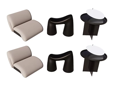 Light Beige Modern Accent Chair With Curved Design Black Stool And Round Side Table 3d model