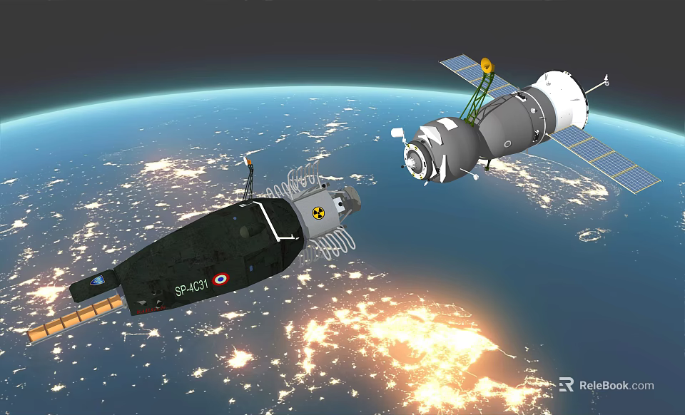 View Of Spacecraft Orbiting Earth With Satellite Solar Panels And City Lights 3d model 