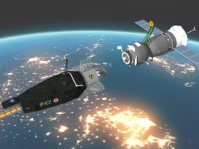 View Of Spacecraft Orbiting Earth With Satellite Solar Panels And City Lights 3d model