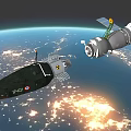 View Of Spacecraft Orbiting Earth With Satellite Solar Panels And City Lights