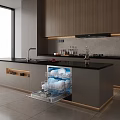 Modern Kitchen With Grey Cabinets Wooden Upper Cabinets Black Countertop And Open Dishwasher