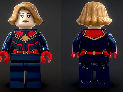 Lego Minifigure Captain Marvel Front And Back Design Red Blue Costume With Star Emblem 3d model