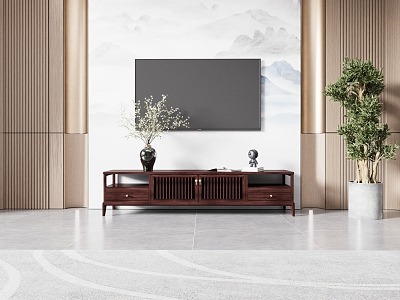 New Chinese TV Cabinet Green Plant Background TV Wall 3d model