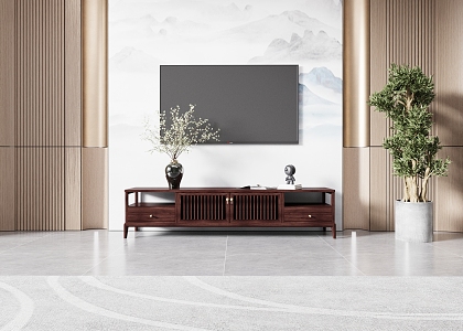 New Chinese TV Cabinet Green Plant Background TV Wall 3d model