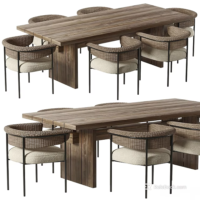Modern Wooden Dining Table With Rattan Chairs For Home Interior Design 3d model 
