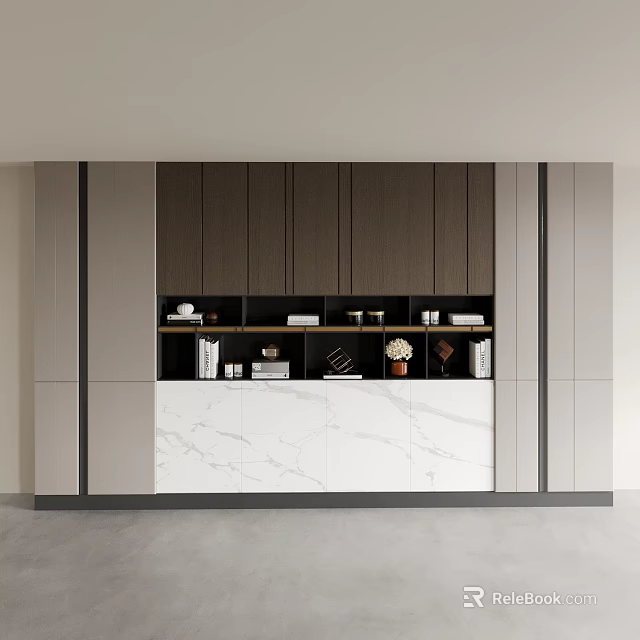 Contemporary Buffet with Dark Wood Cabinetry and White Marble Countertop Displaying Books and Floral Vase 3d model 