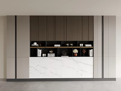 Contemporary Buffet with Dark Wood Cabinetry and White Marble Countertop Displaying Books and Floral Vase 3d model