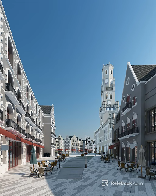 European Style Commercial Street With Clock Tower Traditional Facades Red Awnings and Blue Sky 3d model 