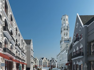 European Style Commercial Street With Clock Tower Traditional Facades Red Awnings and Blue Sky 3d model
