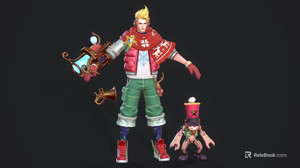 Game Character Blonde Hair Red Vest Green Pants Holding Lantern Horn With Small Pet Hat 3d model 