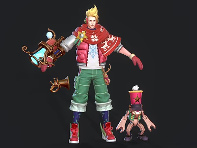 Game Character Blonde Hair Red Vest Green Pants Holding Lantern Horn With Small Pet Hat 3d model