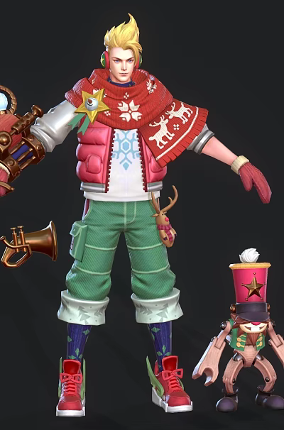 Game Character Blonde Hair Red Vest Green Pants Holding Lantern Horn With Small Pet Hat 3d model