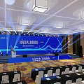 Professional Conference Hall Setup With Blue Backdrop Stage Podium And Seating Arrangement
