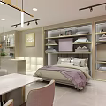 Modern Home Furnishing Store With Red Bed White Chairs Table Golden Shelves And Red Walls
