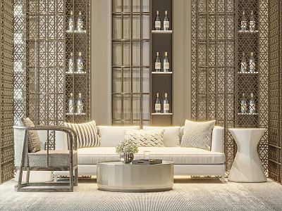 Modern Elegant Sofa and Coffee Table Set With Round Table White Pillows Lattice Screen and Lighting 3d model