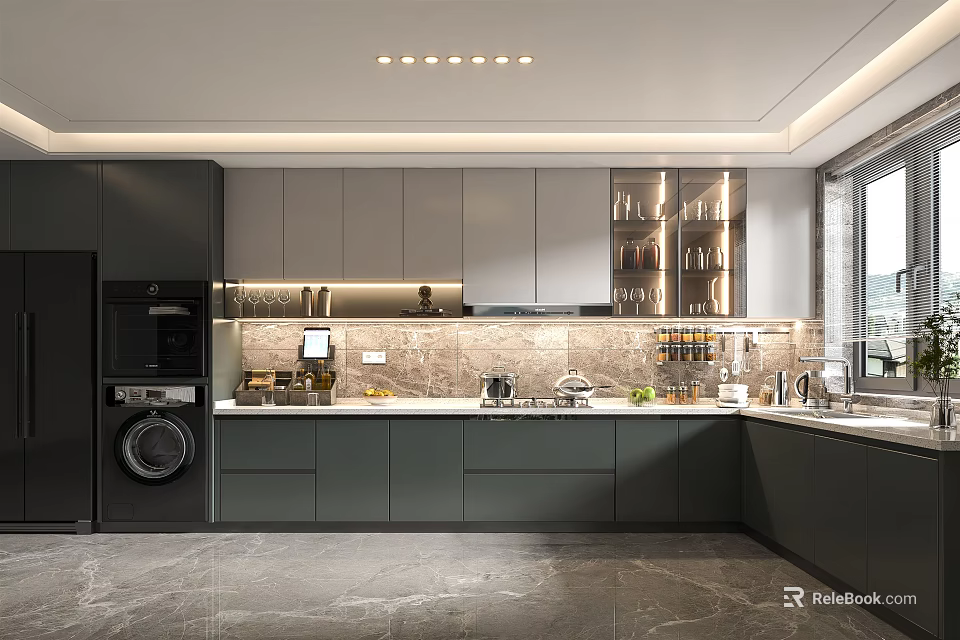 Modern Dark Gray Kitchen With Cabinetry Countertop And Window View 3d model