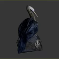 Flying Animal Bird Sculpture with Blue Brown Feathers Perched on Rock Against Gray Background