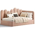 Kids Bed with Scalloped Headboard Beige Green Multiple Pillows and Blanket