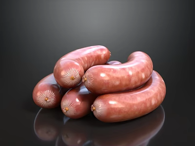 Pile of Juicy Fresh Sausages on Reflective Black Surface 3d model