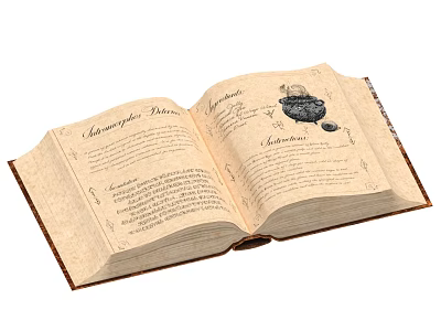 Open Vintage Book With Handwritten Text And Inkwell Illustration On Aged Pages 3d model