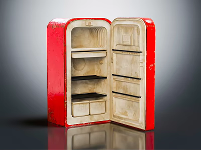 Vintage Red Refrigerator With Open Door And Interior Storage Shelves 3d model