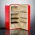 Vintage Red Refrigerator With Open Door And Interior Storage Shelves