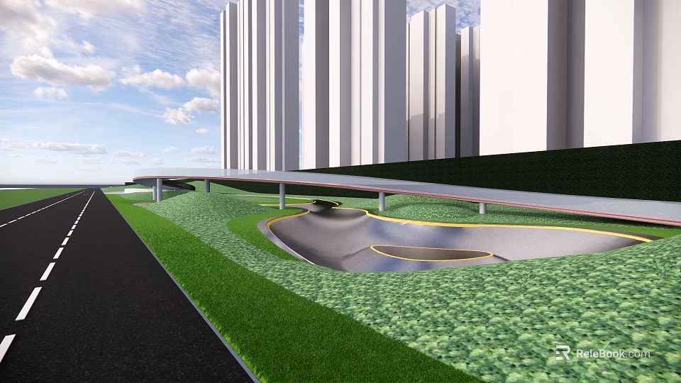 Modern Urban Landscape Design With Green Lawn Walkway And Water Feature Against Tall Buildings 3d model 