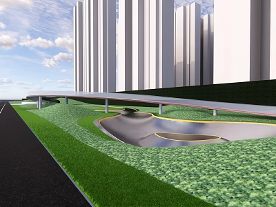 Modern Urban Landscape Design With Green Lawn Walkway And Water Feature Against Tall Buildings 3d model