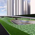 Modern Urban Landscape Design With Green Lawn Walkway And Water Feature Against Tall Buildings