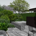 Serene Modern Garden Landscape Design With Stone Steps Lush Bushes Trees Pathway Statue And Lanterns