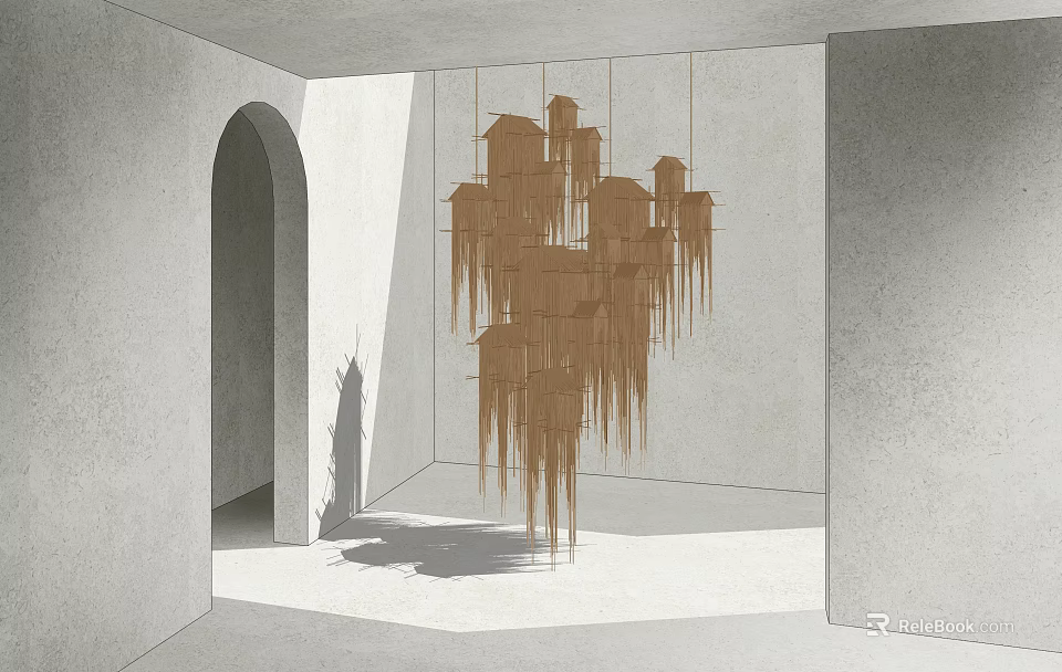 Brown Hanging House Art Installation in Indoor Space with Gray Walls Arched Doorway and Shadows 3d model 