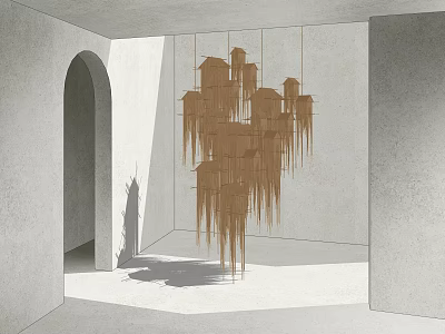 Brown Hanging House Art Installation in Indoor Space with Gray Walls Arched Doorway and Shadows 3d model