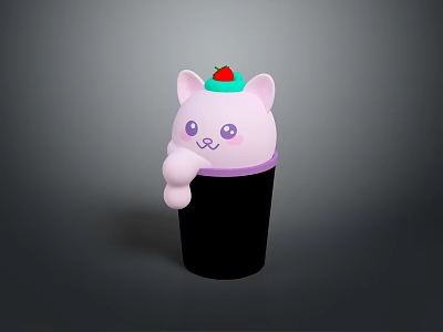 Pink Cat Shaped Storage Container With Strawberry Decor And Black Base Design 3d model