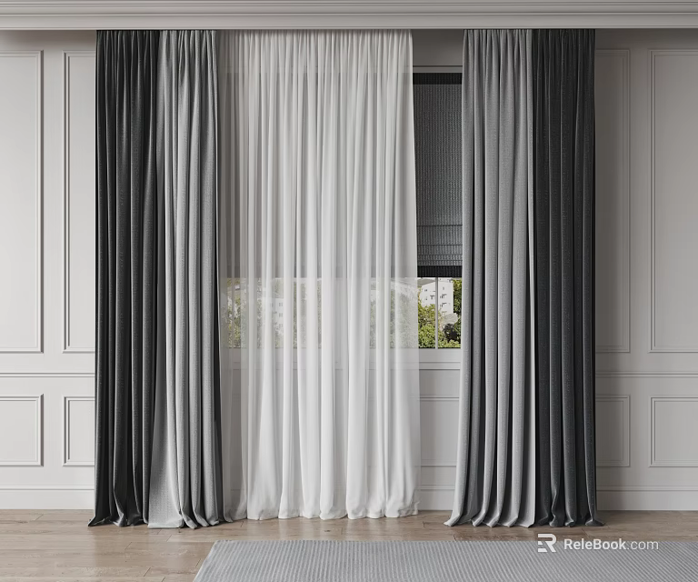 Gradient Gray Curtains With White Sheer Panel For Modern Home Window Decor 3d model