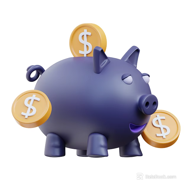 Purple Piggy Bank With Coins Featuring Dollar Signs For Saving Money 3d model 