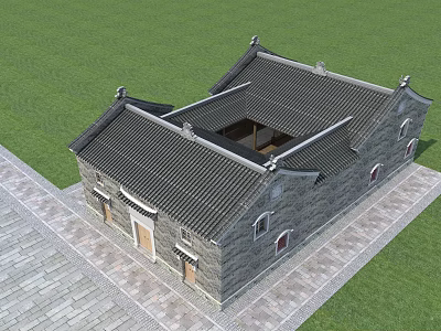 Ancient Chinese Traditional Building With Gray Walls Black Tiled Roof Stone Slab Ground And Courtyard 3d model