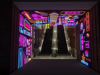 Elevator Aisle with Colorful Neon Lights Vibrant Decorations and Modern Art Elements 3d model