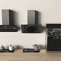 Modern Black Kitchen Appliances Including Range Hoods Gas Stoves And Cookware 3d model
