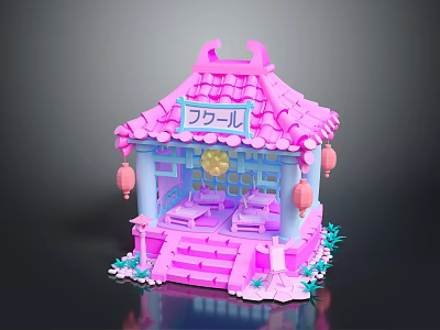 Cute Japanese Style Pink Pavilion with Red Lanterns Family Sign and Green Plants 3d model